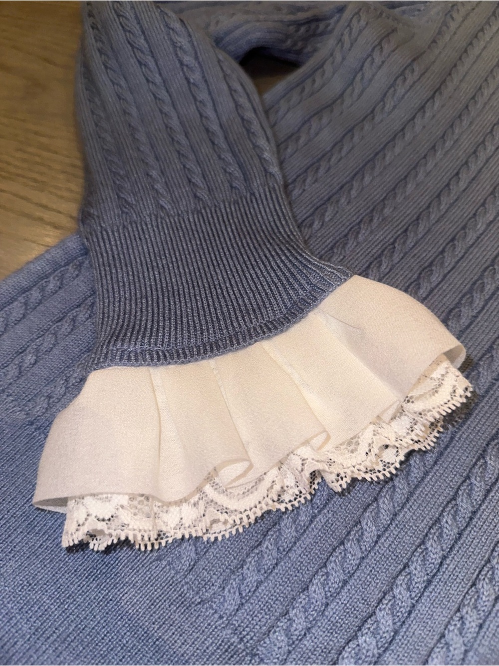 Wayf Light Blue Cable Knit Sweater with White Trim - Picture 4 of 5